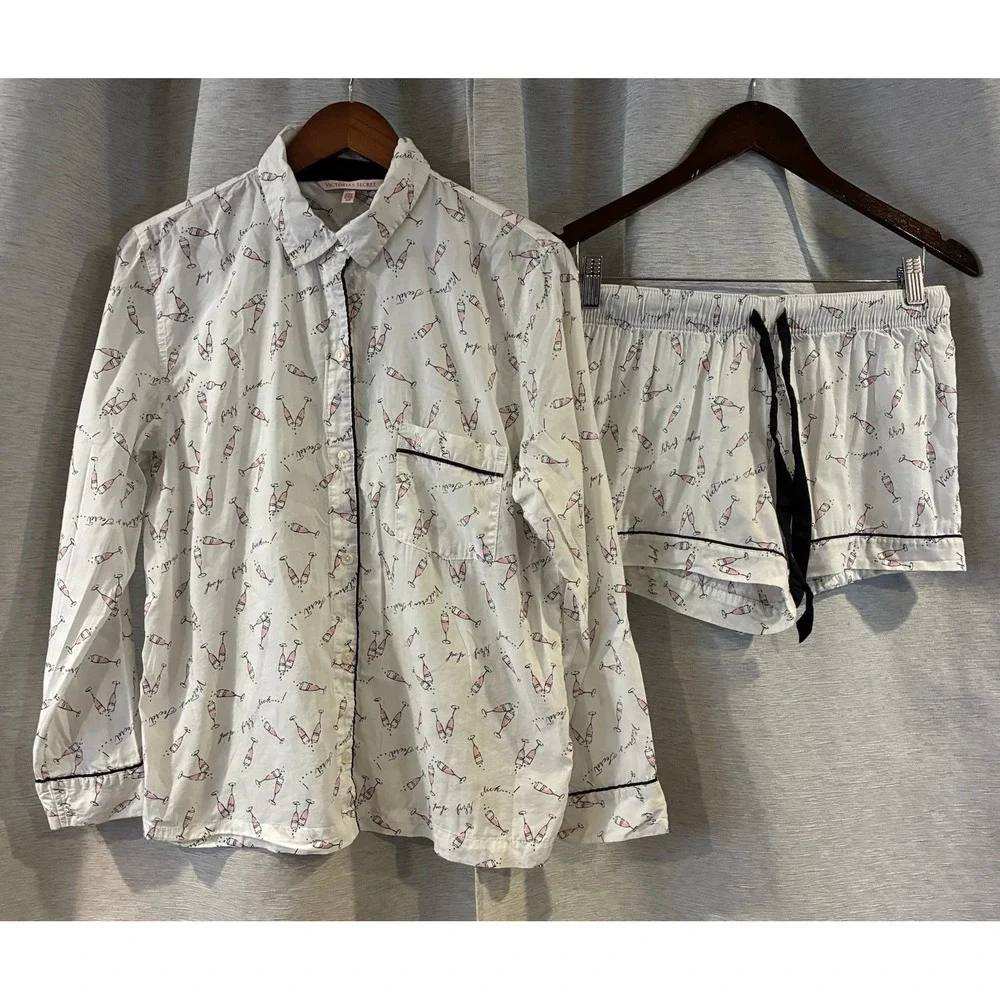 Victorias Secret Pajama Set Womens S White Pink Champagne Pop Fizz PJ Shorts Set